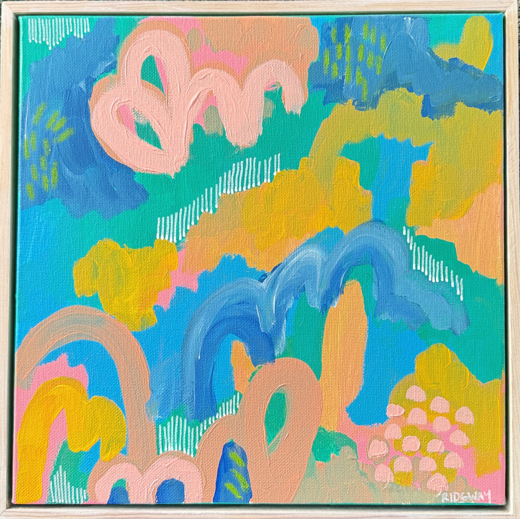 Abstract painting with colorful wavy patterns on a blue background
