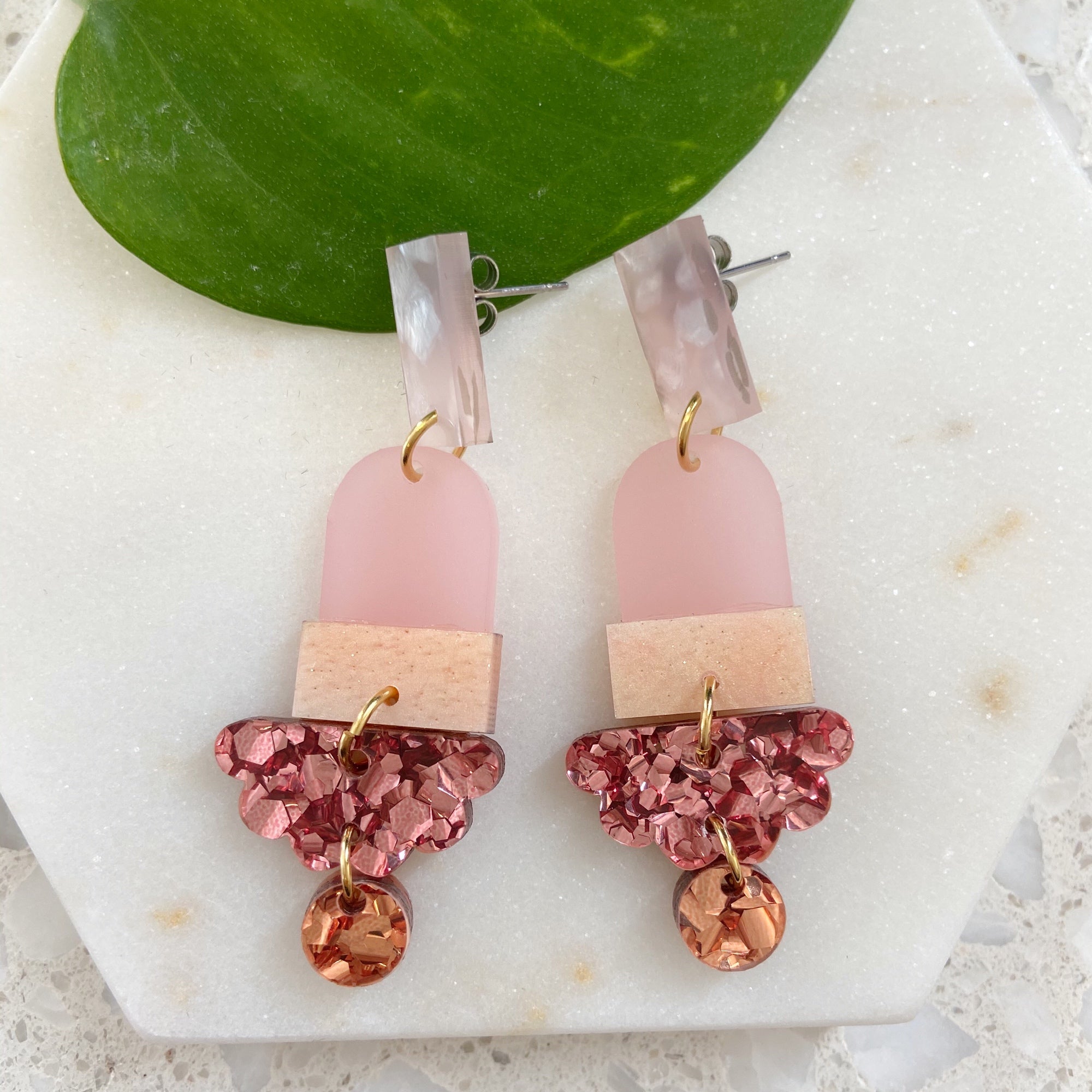 Acrylic Cut Statement Earrings Pink Rose Gold – Little Bowerbird